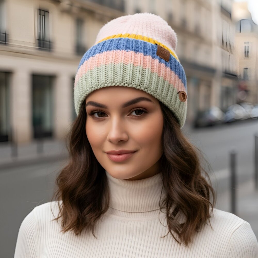 JANICE APPAREL Beanie Color-Block Cozy Knit Ribbed Brim Hat Buttons Pink